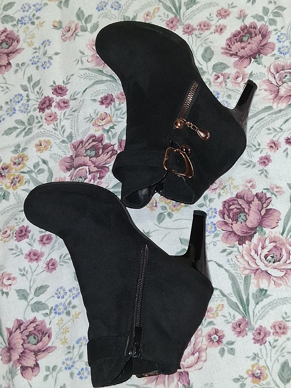 Women's Black Suede Ankle Boots with Gold Accent - Picture 5 of 9